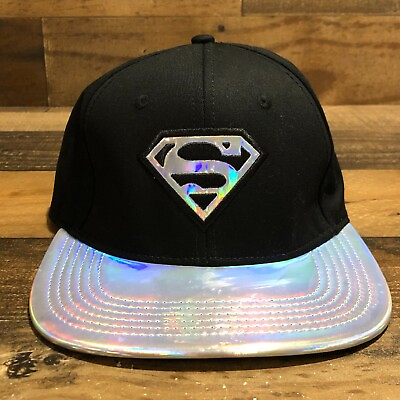 Superman Hat Snapback Baseball Cap Mens Black Silver Shiny DC Comics Man Steel $24.88