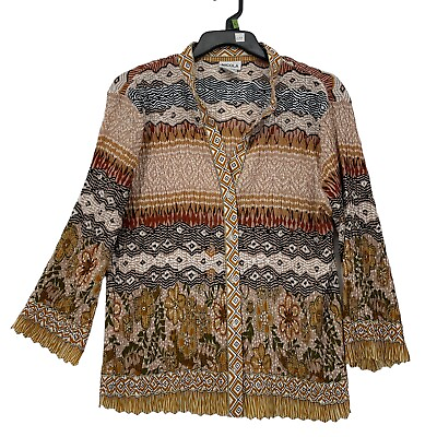 Nicola Blouse Womens Large Crinkle Fabric 3 4 Sleeve Brown Yellow Button Front $9.99