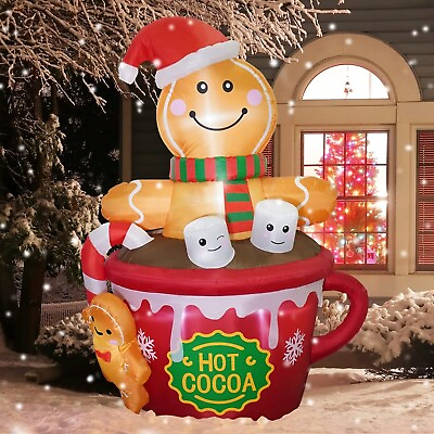 #ad Christmas Gingerbread Man Hot Cocoa Airblown Inflatable Decor LED BlowUp Holiday $170.99