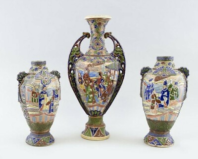 #ad Antique Meiji Japanese Moriage Satsuma Handpainted Vases lot $249.75
