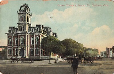 #ad Defiance OH Ohio Clinton amp; Second Street View Horses Wagons Vintage Postcard $6.39