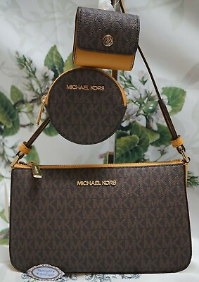 #ad MICHAEL KORS Jet Set SM X body Accessories Attached Pouches In BROWN MARIGOLD $178.95