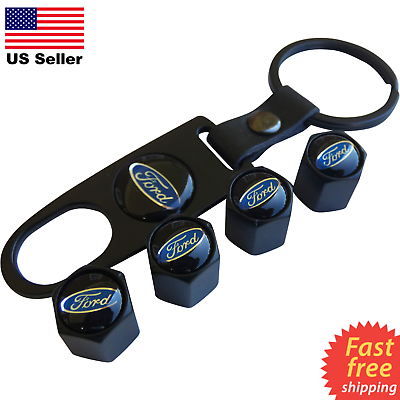 #ad FORD Wheel Tire Cap Air Valve Stem Cover With Belt Keychain Black $7.88