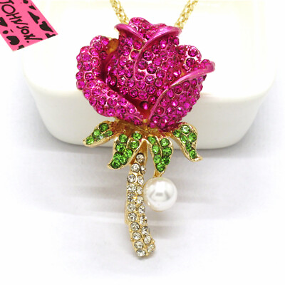 #ad Fashion Women Rose Lovely Rose Pearl Crystal Pendant Chain Necklace Sweater Gift $3.68