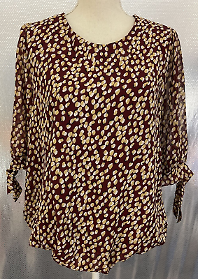 #ad Everleigh Womens Sz S Burgundy Gold White Print 3 4 Sleeve Lined Blouse Top $2.00