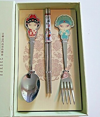 #ad Flatware Utensil Set Peking Opera Art Spoon Fork Chopsticks Souvenir Adult Size $11.75