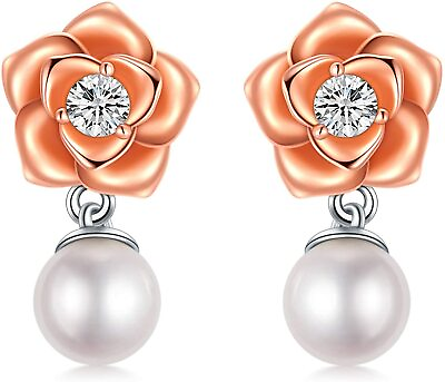 #ad SHE WILL LOVE THESE Rose Pearl Earrings CZ Drop Earrings Wedding Anniversary $89.99