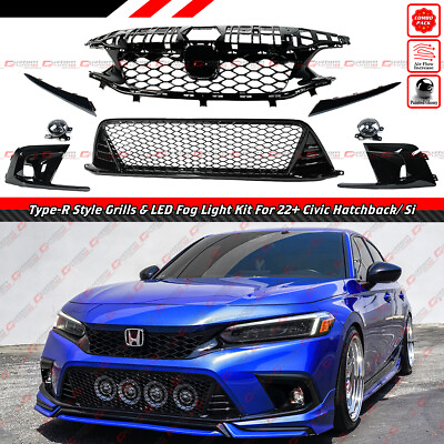 #ad FOR 2022 24 CIVIC Si HATCHBACK GLOSS TYPE R STYLE UPPER LOWER GRILL FOG LIGHT $262.99