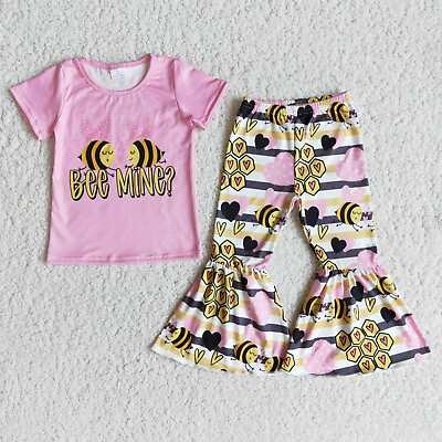 Girls Bee Mine Pink Short Sleeve Bell Pants Set 2pcs Valentine#x27;s Day Outfit $18.99