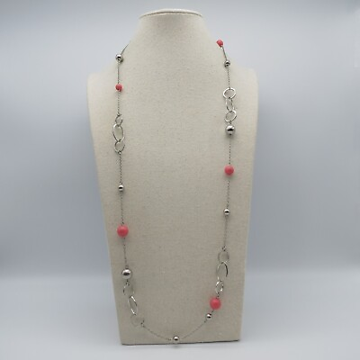 Women Station Bead Necklace 34quot; Pink Silver Tone Fashion Jewelry $6.99
