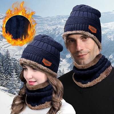 #ad Mens Womens Winter Beanie Hat Scarf Set Warm Knit Hat Thick Fleece Neck Lined $10.98