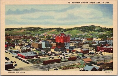 RAPID CITY South Dakota Postcard Business District Bird#x27;s Eye View Linen c1946 $4.50