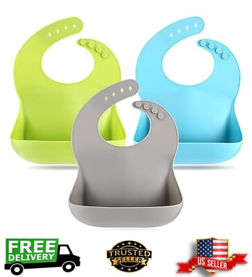 3 Silicone Bibs for Babies for Baby Boy and Girl Adjustable Soft Waterproof $12.07