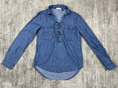 #ad So Authentic Heritage Shirt Womens XS Blue Denim Crisscross Pullover Long Sleeve $12.99