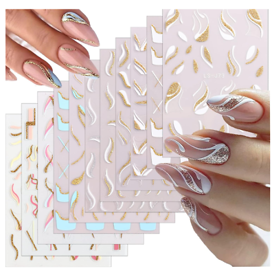 #ad 3D Glitter Gold Line Nail Art Stickers Decals French Tip Wavy Fringe Stripe NH22 $2.95