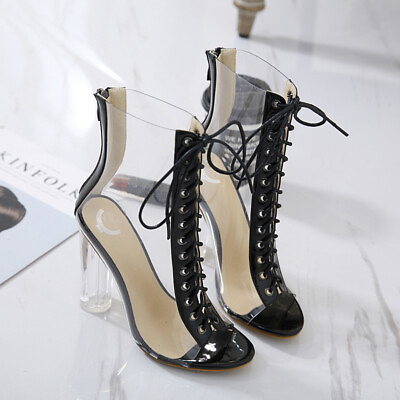#ad Womens Block High Heel Sandals Stage Show Transparent Ladies Ankle Boots Shoes $65.38