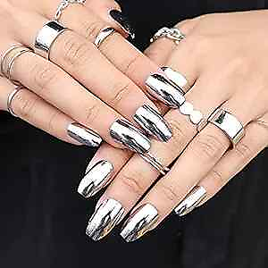 #ad Medium Coffin Press on Nails Glossy Silver False Nails Chrome O01Silver $15.51