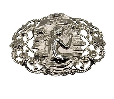 Vintage Art Nouveau Silver Tone Mermaid Brooch Filagree Lily Pad Flower Maiden $19.99