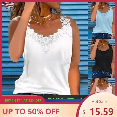 #ad Sexy Women Solid Sleeveless Vest Ladies Lace Casual Blouse Beach Cami Tank Top $14.50