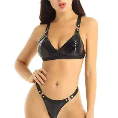 Wet look Leather Bra and Brief Bikini Underwear BDSM Dominatrix Femdom Mistress C $58.00