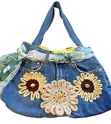 #ad Levi#x27;s Blue Jeans Crossbody Purse Bag Crochet Flower Eco Friendly Purse Upcycled $45.99