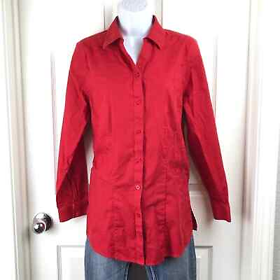 #ad #ad Chico#x27;s Red Structured Damask Print Button Up Tunic Top Sz 1 Med $23.00