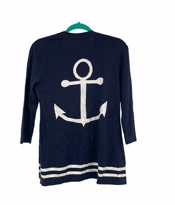 Talbots Knit Open Front Cardigan Nautical Anchor Petites Navy Blue P $14.95