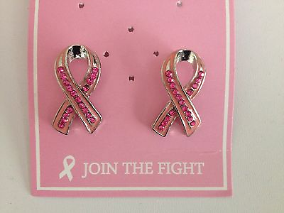CANCER AWARENESS PINK amp; SILVER CRYSTAL RIBBON STUD EARRINGS $5.00