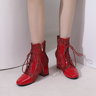 #ad Women Sequins Ankle Boots Lace Up High Heels Square Toe Zipper Short Boots $47.69