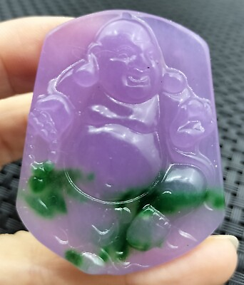 #ad Chinese Icy Green Lavender Natural Jade Carved Happy Buddha God Pendant $37.00