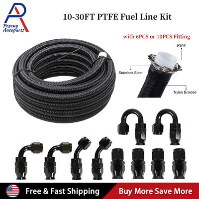 #ad 6AN 8AN 10AN Black Nylon E85 PTFE Fuel Line 10 30FT w 6 or 10 Fittings Hose Kit $39.89