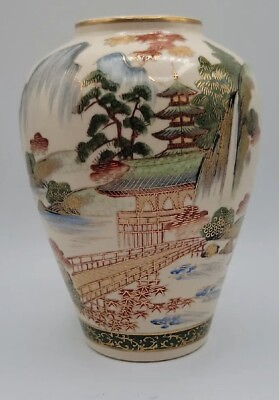 #ad Antique Japanese Satsuma Vase Mountain Village Scene Family Crest Made In Japan $360.00