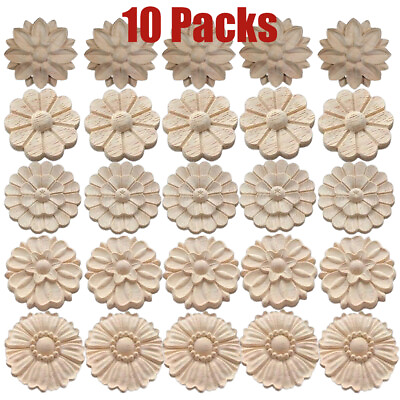#ad 10Pcs Chic Wood Carved Flower Onlay Applique Frame Decal Craft Door Figurine 6cm $12.97