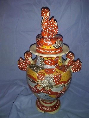 #ad Antique Meiji Period Japanese Satsuma Pottery Dragons Lidded Art Vase Signed $275.00