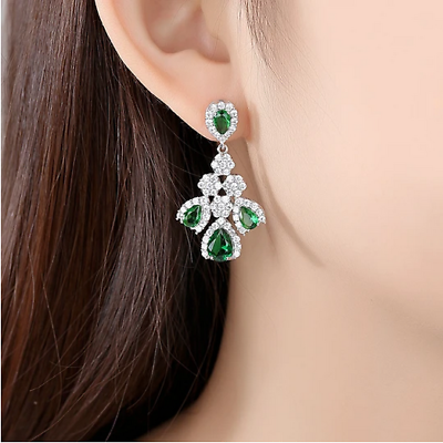 #ad Vivid Green Emerald amp; CZ Chandelier Drop Shaped Flowers Leaves Dangle Earrings $280.00