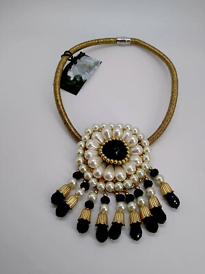 #ad Gardenia Bronze Collar White Pearl with Black Crystal Fringe Original Pearls $31.75