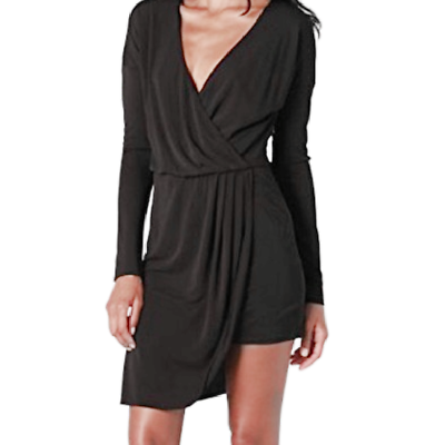 #ad Haute Hippie Black Draped Jersey Mini Dress Plunge Deep V neck Long Sleeve Large $49.99