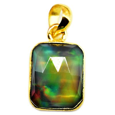 #ad Natural Black Fire Opal 925 Sterling Silver Gold Plated Pendant 24 MM $42.49