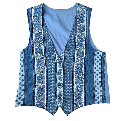 Vtg Handmade Floral Vest Waistcoat Blue Cottage Grandmacore Stripes Cotton Boho $20.99