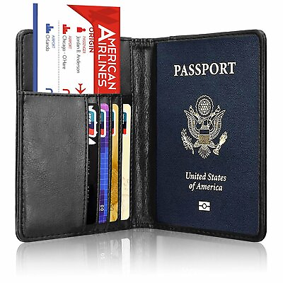 #ad Leather Passport Vaccine Card Passport Holder Travel Wallet Blocking Case Cover $6.71