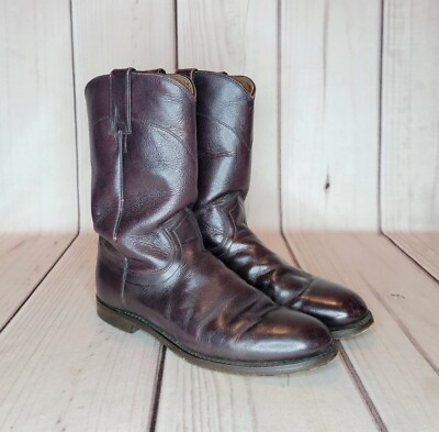 #ad Justin Burgandy Leather Roper Cowboy Boots Men#x27;s Size 7 B Toe Scratches $39.95
