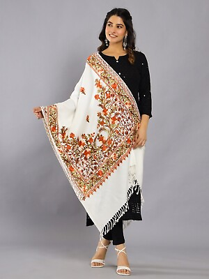 #ad White Indian Wool Shawl Embroidered Orange Flowers amp; Gold Vine Pashmina Ari $40.49