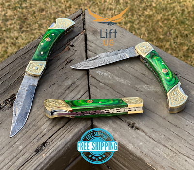 #ad Custom Handmade Damascus Steel Pocket Knife Folding Blade W Green Wood Handle 7quot; $19.99