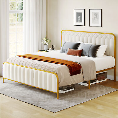 #ad Upholstered Bed Frame King Size with Tufted Headboard Platform Bed Wooden Slats $169.98