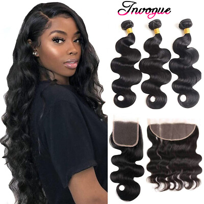 #ad 10A Human Hair Body Wave Bundles with Closure 13*4 Lace Frontal Remy Virgin Hair $20.28