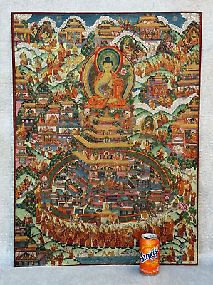 OLD ORIGINAL BUDDHA THANGKA PAINTING BUDDHIST BUDDHISM ASIAN ART VILLAGE LIFE $750.00