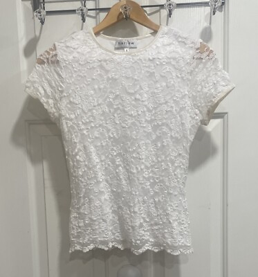 #ad Harlow Basic Womens White Top Size S Crew Neck Short Slv Stretch Lace Pullover $12.90