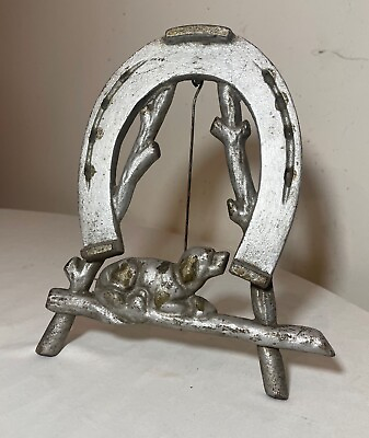 #ad antique heavy cast iron good luck horseshoe dog plaque wall table statue art . $215.99