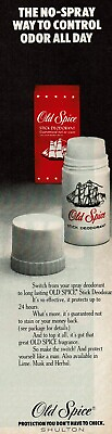 #ad 1977 Vintage Print Ad The No Spray Way to Control Odor All Day Old Spice Stick $9.95
