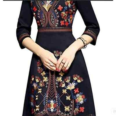 Lai Meng Five Cats Embroidered Floral Folk art Mini Dress Black Size Medium $28.00
